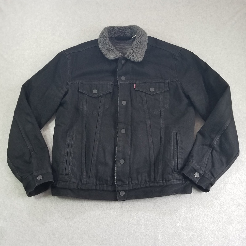 Levis Trucker Jacket Mens Medium Black Denim Fleece Lined Gray Sherpa 16365-0054